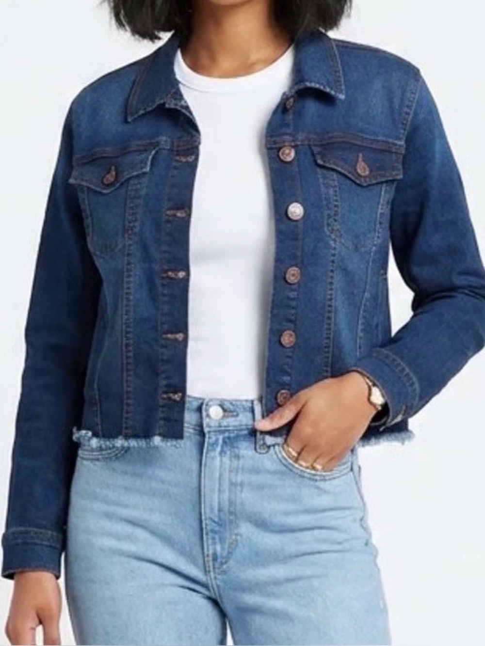 Angels Forever Young Womens Dark Wash Frayed Hem Denim Trucker Jacket small Blue